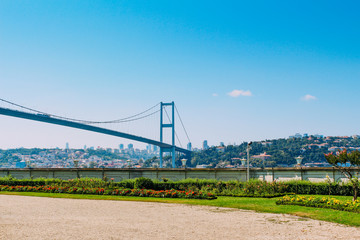 Bosphorus Bridge and cityscape from Beylerbeyi Palace  in Istanbul, Turkey