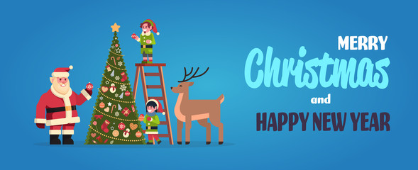santa claus with elves on staircase decorate fir tree merry christmas happy new year concept flat horizontal vector illustration