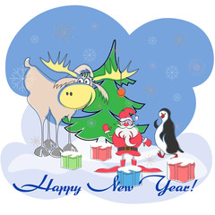 greeting card with santa, elk, penguin, christmas tree, gifts of happy new year