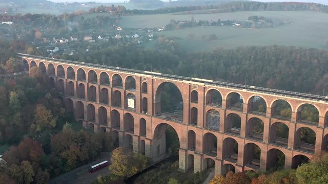 Foggy Sunrise Aerial View of a Viaduct in Germany The Largest Brick Bridge in the World