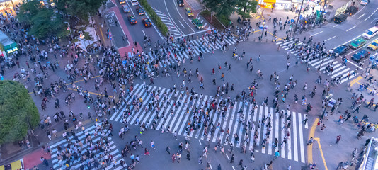 Pedestrians crosswalk at Shibuya district in Tokyo, Japan. Shibuya Crossing is one of the busiest...