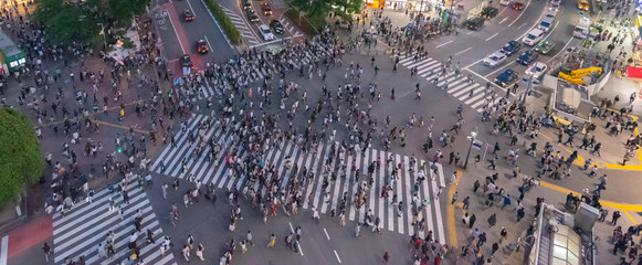 Pedestrians crosswalk at Shibuya district in Tokyo, Japan. Shibuya Crossing is one of the busiest...