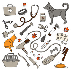 Veterinary clinic, pharmacy and a set of medical instruments. Vector illustration, Doodle. Treatment of animals.