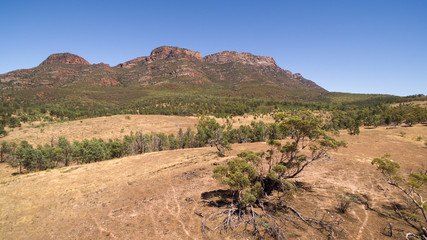 Aerial landscape view of the Eastern Escarpment of Wilpena Pound in the Flinders Ranges, South Australia.