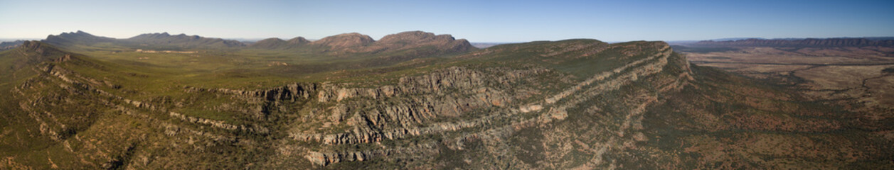 Aerial landscape view of the Eastern Escarpment of Wilpena Pound in the Flinders Ranges, South Australia.