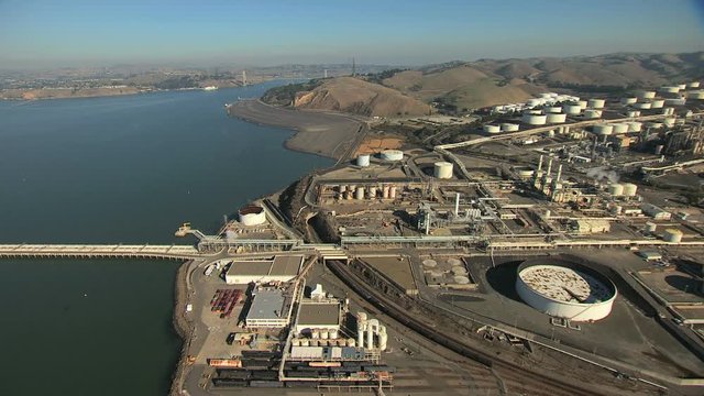 Aerial Coastal Petroleum Plant storage tanks San Francisco USA