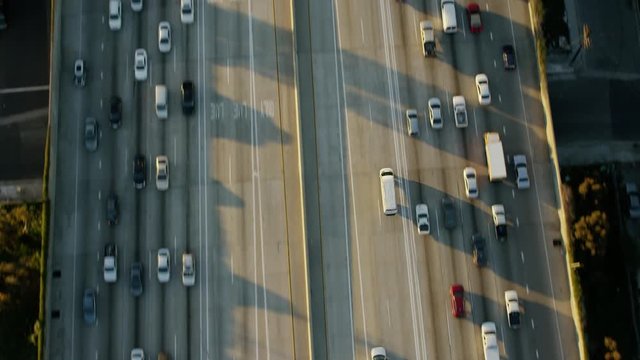Aerial vertical view of busy freeway system Los Angeles USA