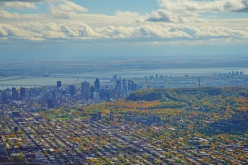 Aerial view of Montreal and the Saint Laurent River, Canada, in the fall with autumn foliage