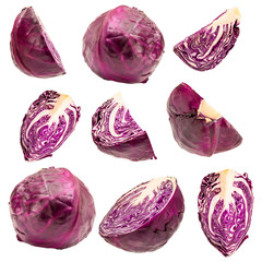 Red cabbage slices set isolated on white background with clipping path