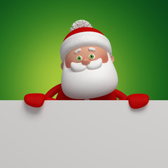 Santa Claus holding Christmas blank banner, looking at camera, cute 3d cartoon character, greeting card template, isolated on green background
