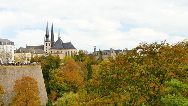 View on the Notre-Dame Cathedral (in luxembourgish: Kathedral Notre-Dame). It is the Roman Catholic Cathedral of Luxembourg City, in southern Luxembourg. FIlmed in october 2018, during the fall.