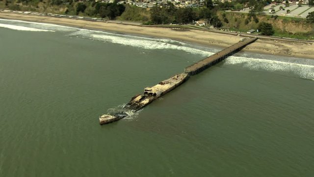 Aerial Monterey coastline ship wreck Pacific California USA
