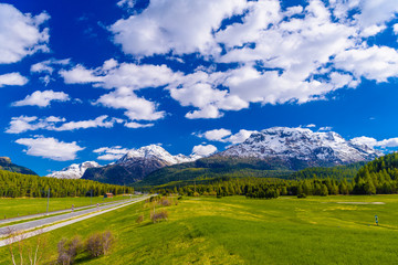 Green fields and Alps mountains coevered with forest, Samedan, M