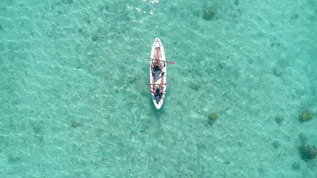 Aerial - Top view of couple paddling in canoe on crystal clear water