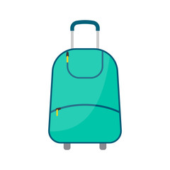 Green wheeled travel bag with luggage on white background. Suitcase for journey trip in flat style. Vector illustration
