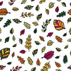 Seamless pattern with autumn doodle leaves