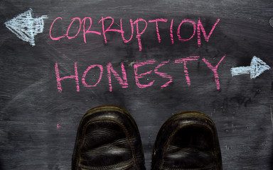 Corruption or Honesty written with color chalk concept on the blackboard