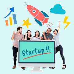 Happy diverse people holding startup icons