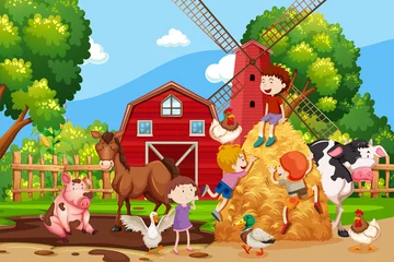 Fotobehang Boerderij Farm scene with kids and animals  © blueringmedia