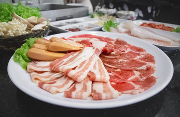 Set of slice raw bacon, pork ,chicken and vegetable. Korean style grilled