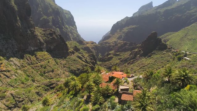 Aerial view of mountain village in Masca canyon from above on Tenerife, Canarias, Spain