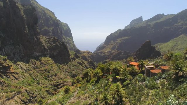 Aerial view of mountain village in Masca canyon from above on Tenerife, Canarias, Spain