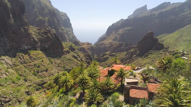 Aerial view of mountain village in Masca canyon from above on Tenerife, Canarias, Spain
