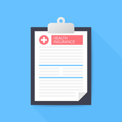 Health insurance. Clipboard with medical cross. Clinical record, prescription, claim, medical report, health insurance concepts.