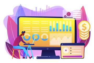 Data analyst consolidating financial information and reports on computer. Financial data management, financial software, digital data report concept. Bright vibrant violet vector isolated illustration