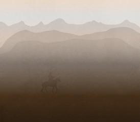 A Mongolian Cavalry Walking Through The Desert In The Sand Storm