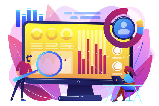 Data analyst oversees and governs income, expenses with magnifier. Financial management system, finance software, IT management tool concept. Bright vibrant violet vector isolated illustration