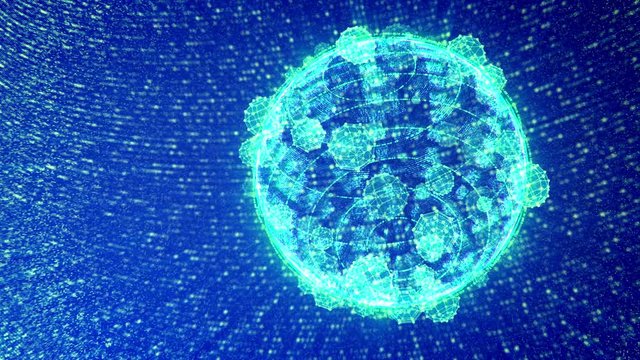 A splendid 3d rendering of a sparkling and whirling plazma shere with many small shimmering balls in the blue background in seamless loop. It shapes the mood of fun and joy.