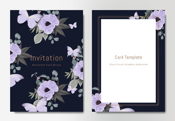 Botanical wedding invitation card template design, bouquets of purple anemone flowers with leaves and butterflies on dark blue background, vintage style