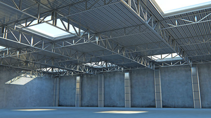 Empty warehouse. 3d illustration stone building with light