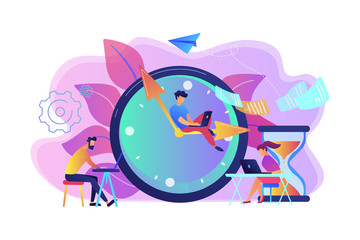 Busy business people with laptops hurry up to complete tasks at huge clock and hourglass. Deadline, project time limit, task due dates concept. Bright vibrant violet vector isolated illustration