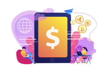 Businessman and woman transfer money with gadgets