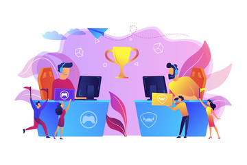 Two cyber sport players at computers competing for a trophy and fans cheering with flags. E-sport fans, computer game fan, e-sport fan club concept. Bright vibrant violet vector isolated illustration © Visual Generation