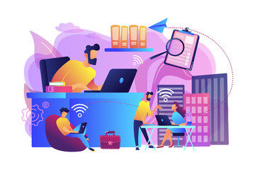 Obraz premium Businessmen use workspace with Wi-Fi reserved on-demand for work, meeting. On-demand workspace, dedicated meeting room, business workspace concept. Bright vibrant violet vector isolated illustration