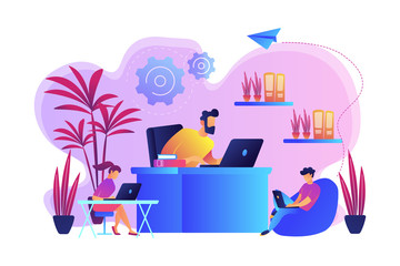 Business people working in modern eco-friendly office with plants and flowers. Biophilic design room, eco-friendly workspace, green office concept. Bright vibrant violet vector isolated illustration