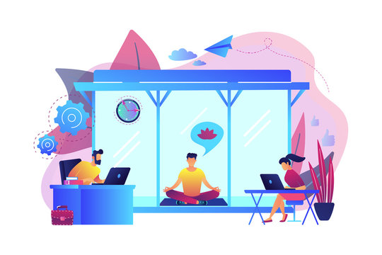 Business People Working At Laptops In Office With Meditation And Relax Area. Office Meditation Room, Meditation Pod, Office Relaxing Place Concept. Bright Vibrant Violet Vector Isolated Illustration