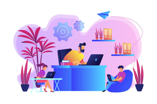 Business People Working In Modern Eco-friendly Office With Plants And Flowers. Biophilic Design Room, Eco-friendly Workspace, Green Office Concept. Bright Vibrant Violet Vector Isolated Illustration