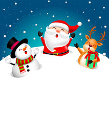Funny Christmas Characters design on snow, Santa Claus, Snowman and Reindeer. Holly jolly, Merry Christmas and Happy new year concept, Illustration.