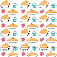 Cute seamless pattern food, pie and strawberry and coffee vector.