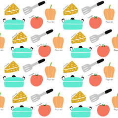 Cute seamless pattern cooking, pot and cheese and tomato vector.