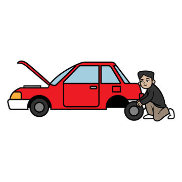 Cartoon Man Changing Car Tire