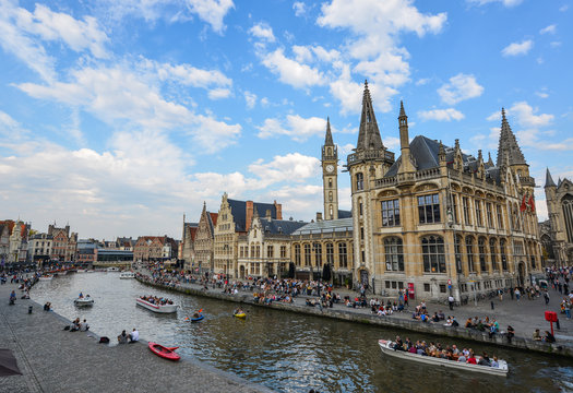 Old buildings with the canal in Ghent, Belgium