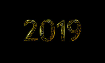 Low poly 3D 2019 date number holiday greeting card. Merry Christmas Happy new year gold dark night sky black. Golden geometric polygonal triangle number vector illustration