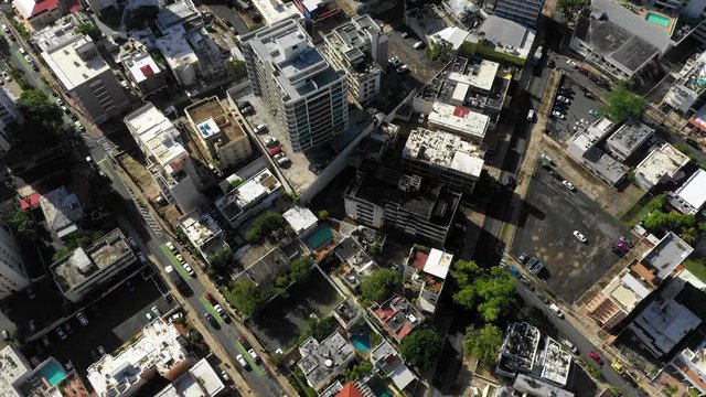 Panning aerial shot of San Juan Puerto Rico which shows the buildings around the Laguna del Condado.