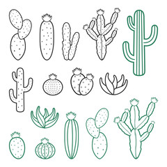 Cacti Cactus Plant Line Silhouette Design Illustration Set