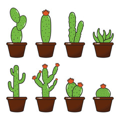 Cacti Cactus Plant Pot Flat Design Illustration Set